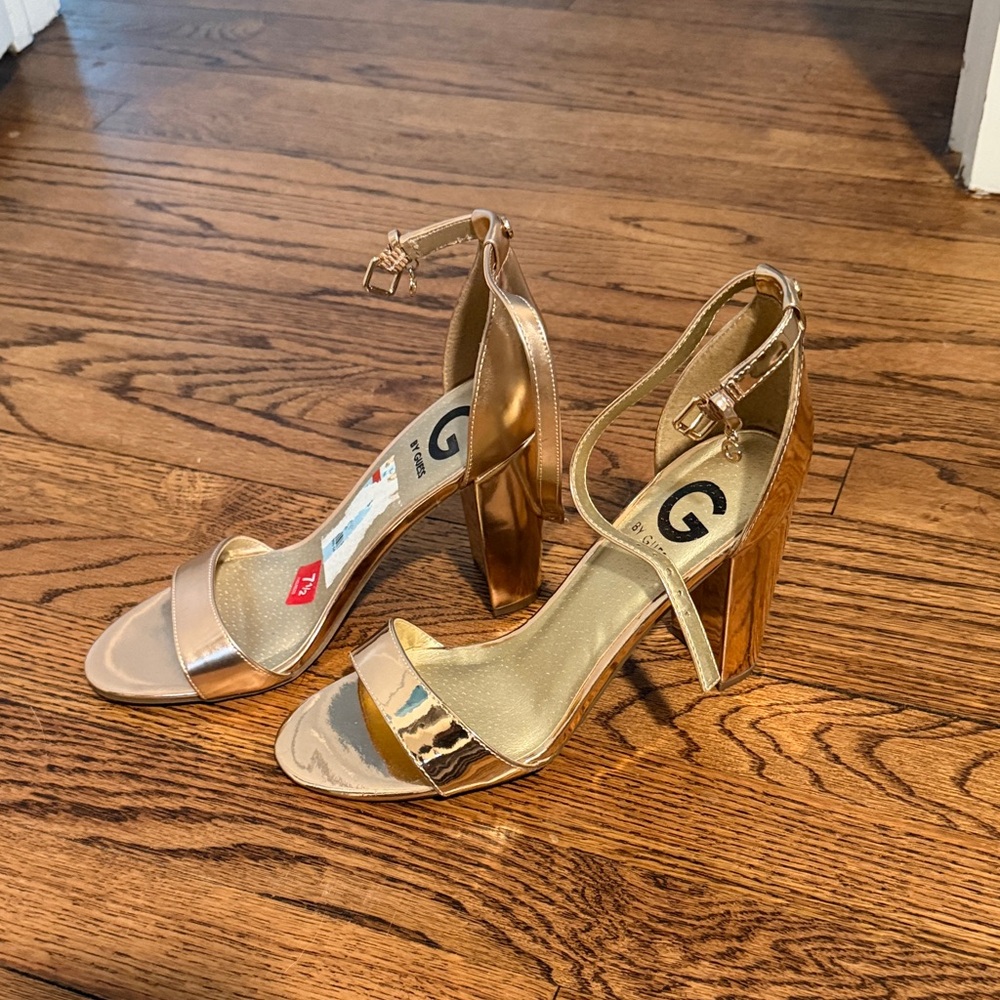 Guess Metallic Gold Ankle-Strap Block Heels